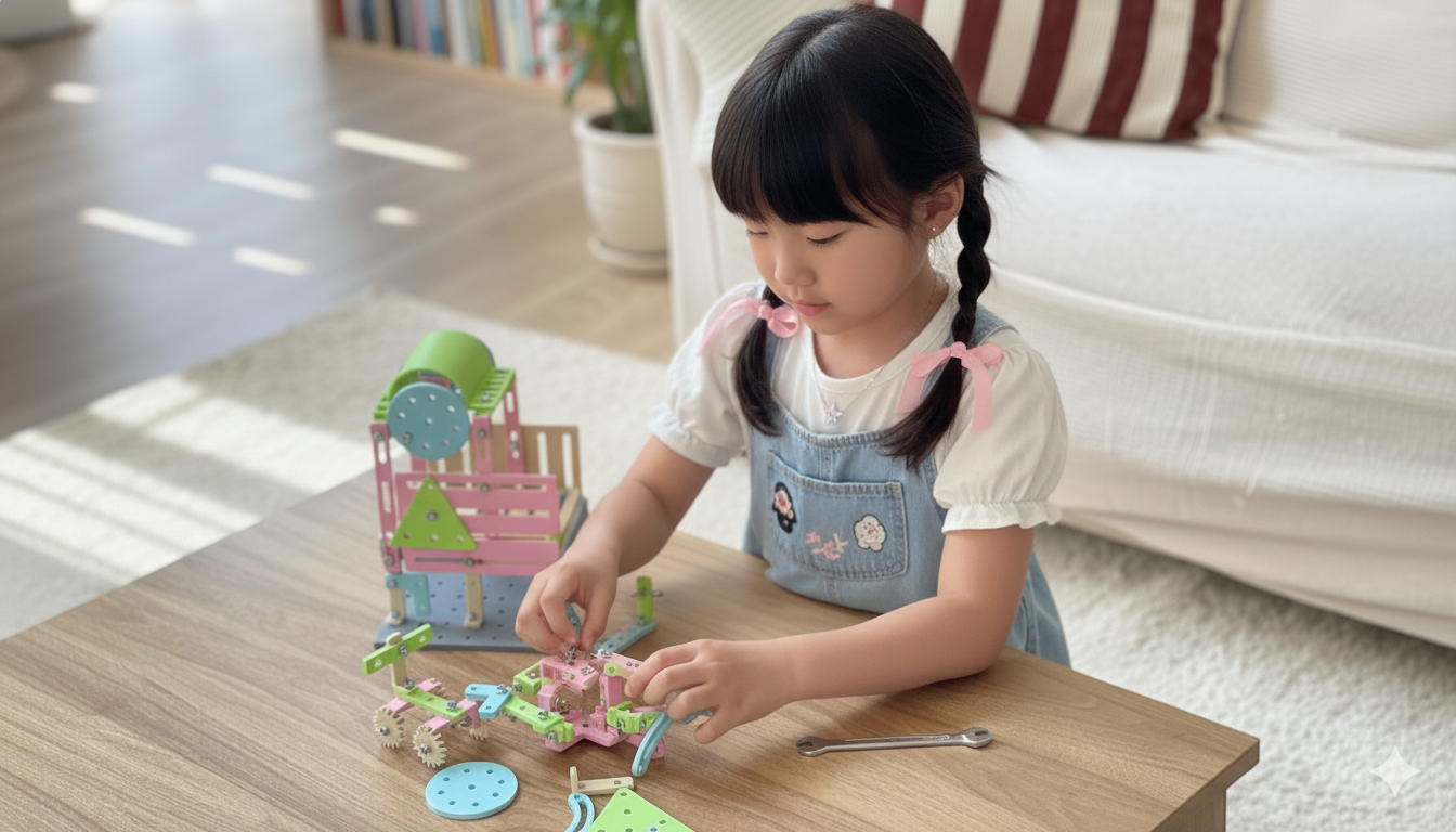 ネジと工具を使ってブロックを組み立てる小学生の女の子