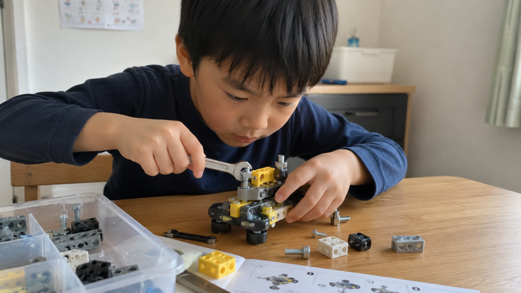 工具を使ってネジ留めブロックの部品を組み立てる小学生
