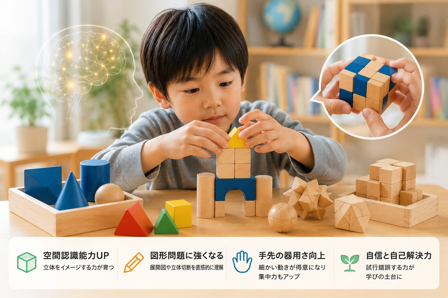 モンテッソーリ教育で空間認識能力を育てる小学生の立体遊び